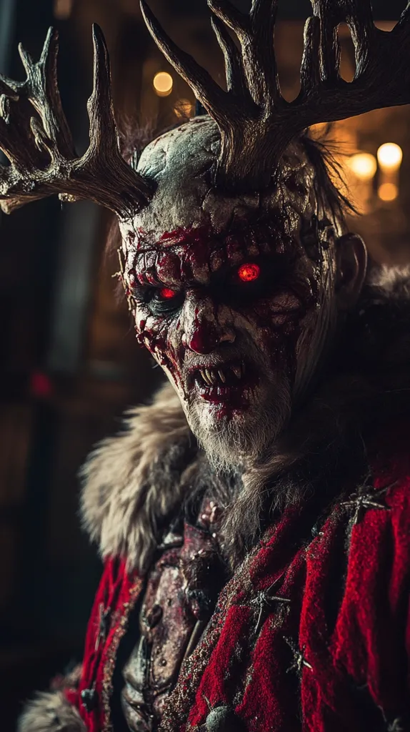 A monstrous figure with large antlers and a bloody, grotesque face stares intensely at the viewer. The creature is covered in blood and has glowing red eyes. It is wearing a tattered red coat with fur trim and what appears to be a leather breastplate.  The image has a dark and sinister tone, suggesting a horrific or evil entity.