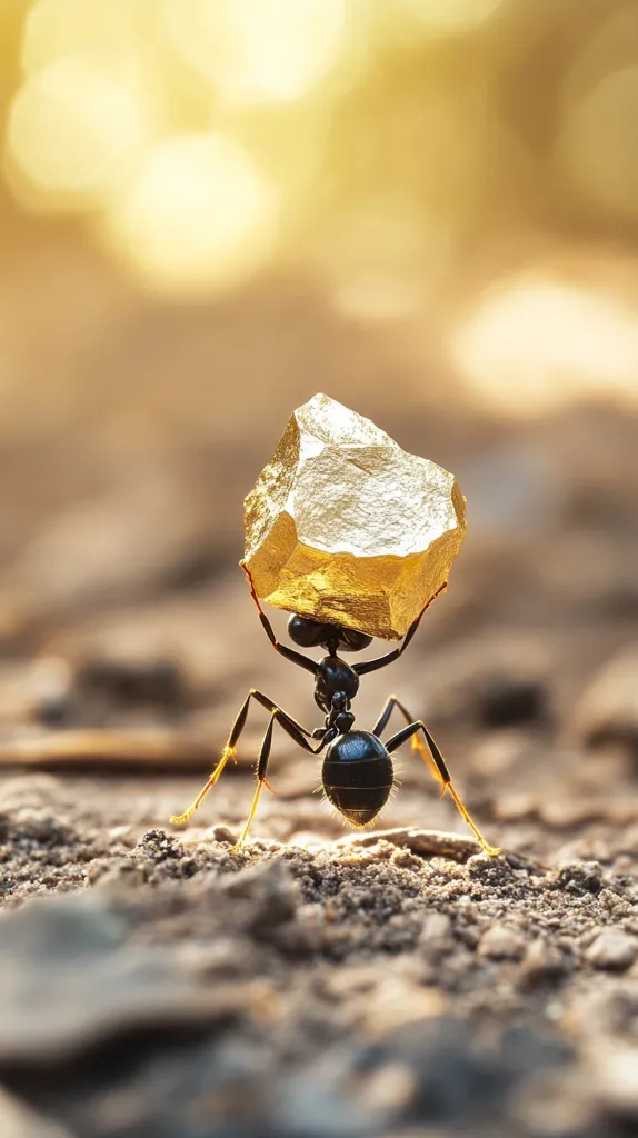A black ant is carrying a large, golden, irregularly shaped rock on its back. The ant is in focus, while the background is blurred, creating a shallow depth of field. The image is likely taken outdoors, with the sun shining on the ant and rock. The ant's legs are extended, demonstrating its strength and determination in carrying its heavy load. The image evokes a sense of resilience and the power of small things.