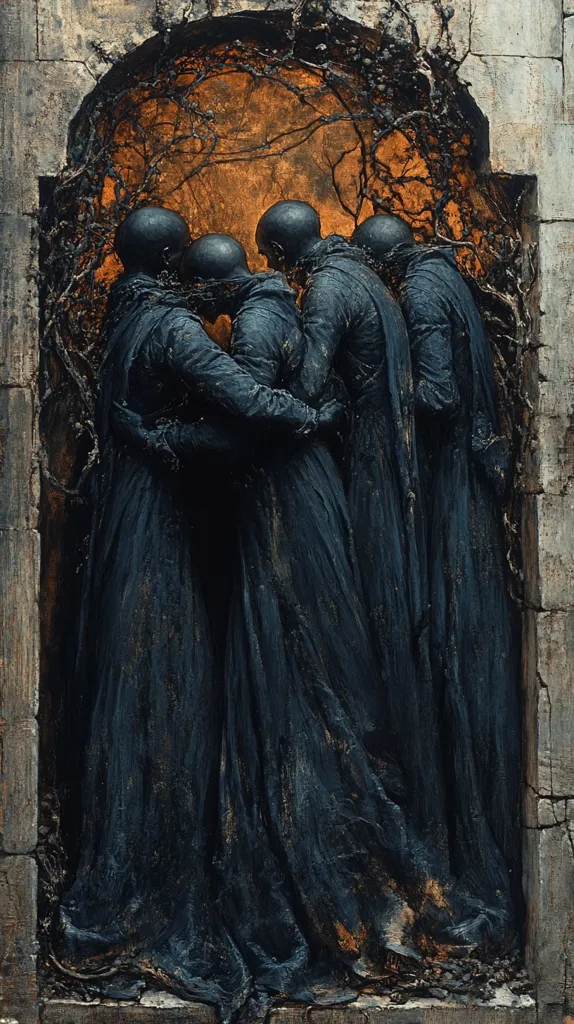 Four figures, cloaked in dark, shadowy robes, stand in a stone archway. The figures are huddled together, their faces obscured. Behind them is a blurry, orange glow, reminiscent of a distant fire.  Twisted vines and branches frame the scene, adding to the ominous atmosphere. The overall image evokes a sense of mystery and intrigue, leaving the viewer to interpret the meaning behind the cloaked figures.