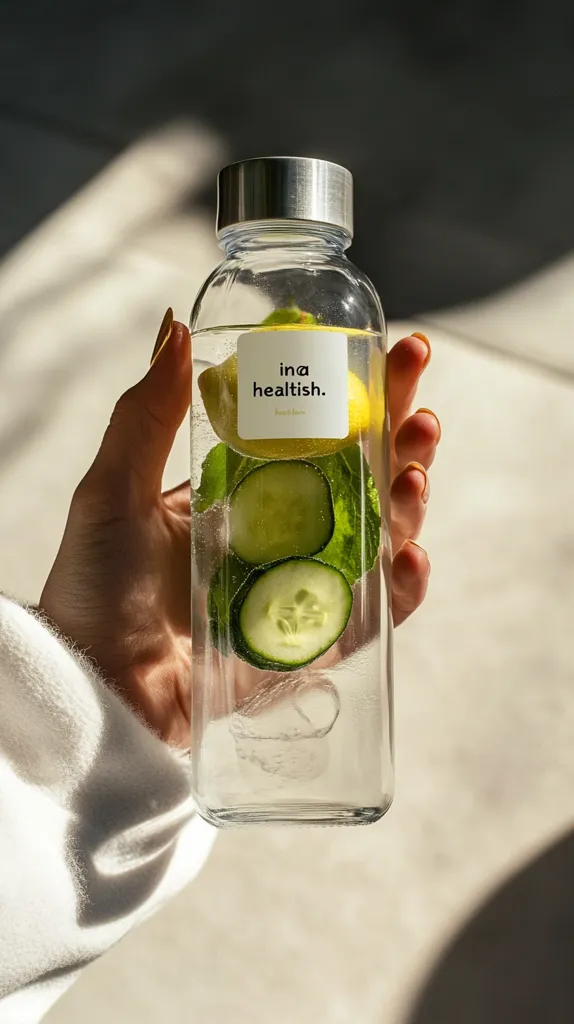A hand holds a glass bottle filled with water, lemon slices, cucumber slices, and mint leaves. The bottle has a silver lid and a white label with the words "ina healthish." The bottle is held against a backdrop of sunlight and shadows. The image evokes a sense of health and wellness.  The light shines through the bottle, illuminating the ingredients and creating a sparkling effect. The image is visually appealing and captures the essence of a refreshing and healthy drink.