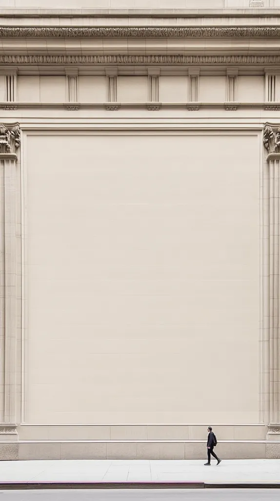 A lone man walks in front of a large, blank white wall. The wall is framed by a classical, ornate cornice, featuring columns on either side. The sidewalk is clean and empty, contrasting with the grandeur of the building. The image has a minimalist and urban feel.