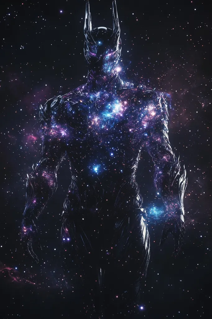 The image depicts a shadowy figure, reminiscent of a superhero, standing against a backdrop of a swirling galaxy. The figure's silhouette is partially obscured by the cosmic dust and stars, creating a sense of mystery and grandeur. The vibrant colors of the galaxy, including deep blues, purples, and pinks, contrast with the darkness of the figure, adding to the image's ethereal beauty. The figure appears to be composed of stars themselves, highlighting a connection between the character and the vast universe. The image evokes a sense of wonder and awe, suggesting a powerful and mysterious being that is both connected to and detached from the cosmos.