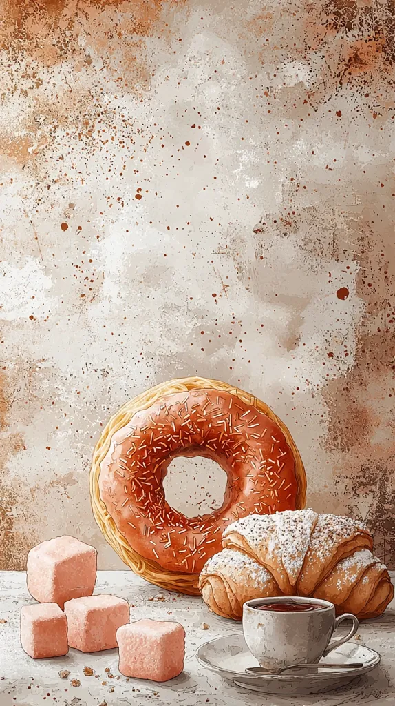 A glazed donut with sprinkles sits next to a croissant dusted with powdered sugar. Three pink marshmallows are arranged on the table beside them. A cup of coffee sits on a white saucer, with a spoon resting on the edge. The background is a textured, off-white wall.