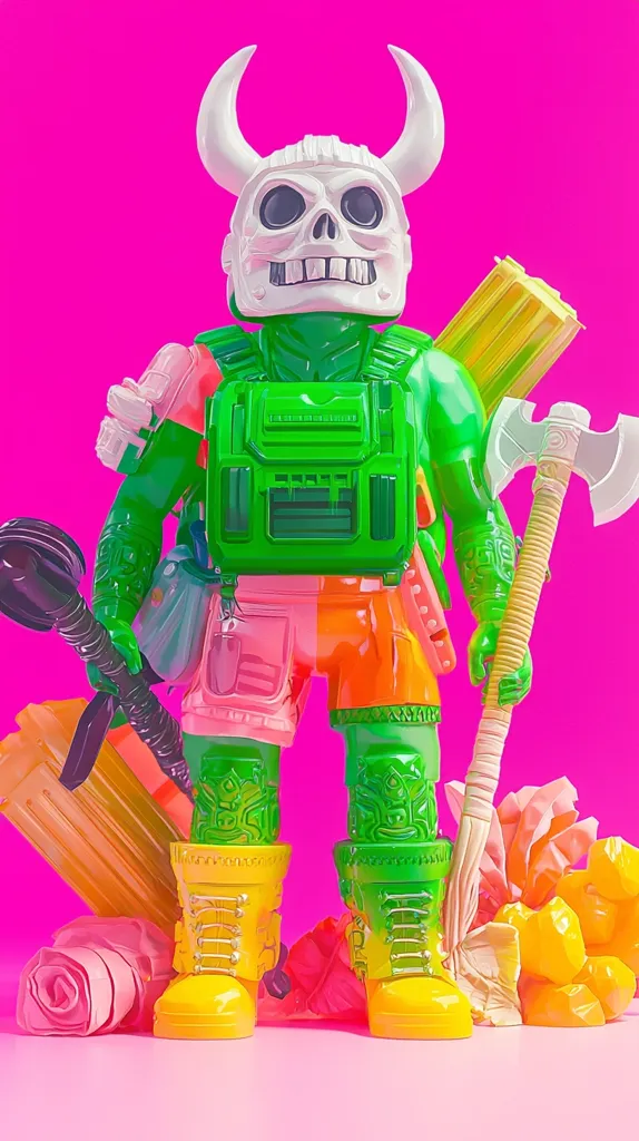 A brightly colored toy figure with a skull face and horns stands on a pink background. It's wearing a green backpack and shorts and carrying a large axe. The figure has yellow boots and is surrounded by colorful, abstract shapes. The image is playful and stylized.