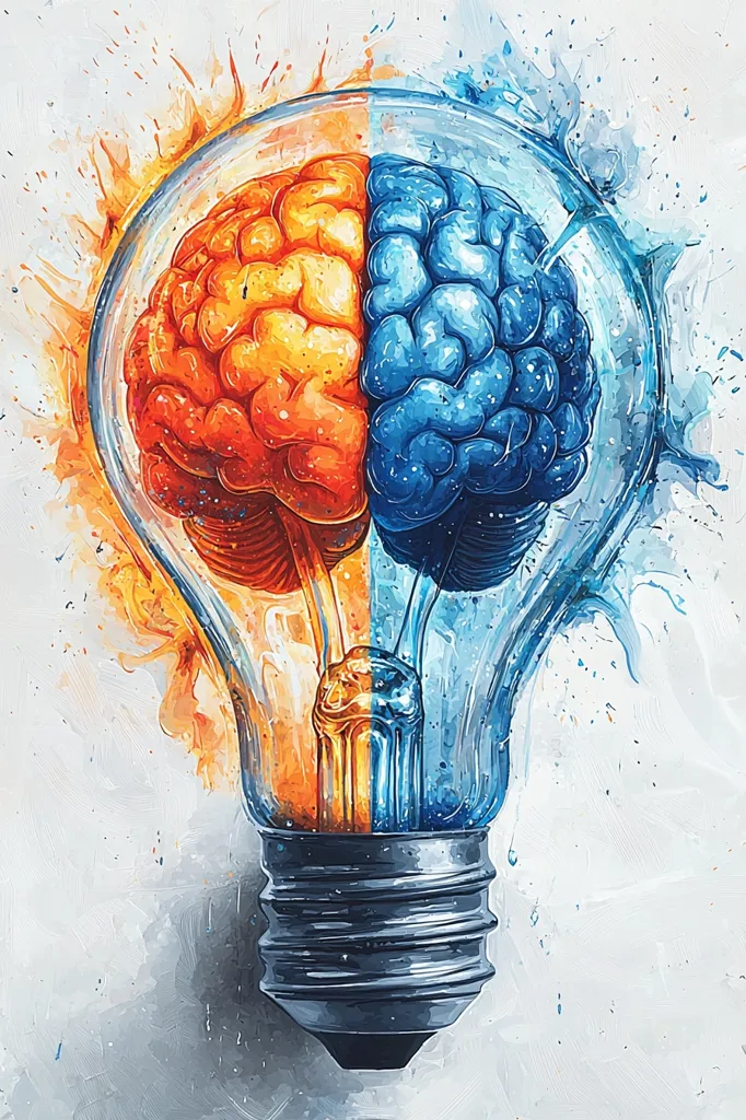 The image depicts a lightbulb with a human brain inside. The brain is divided into two halves, one orange and one blue, symbolizing the duality of the mind. The lightbulb is surrounded by splashes of paint, creating a dynamic and abstract composition. The artwork suggests a connection between creativity, intellect, and the power of ideas.  It is painted in a realistic style with vibrant colors and intricate details.