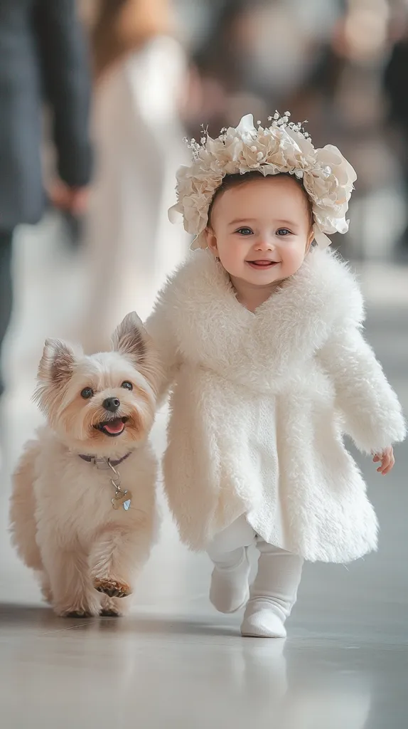 A little girl in a white fur coat and a flower crown walks beside a small white dog. Both are looking forward with smiles on their faces. The girl's white socks and shoes match her outfit and the dog's fur. The background is blurry and out of focus.  The image captures a moment of innocent joy and companionship.