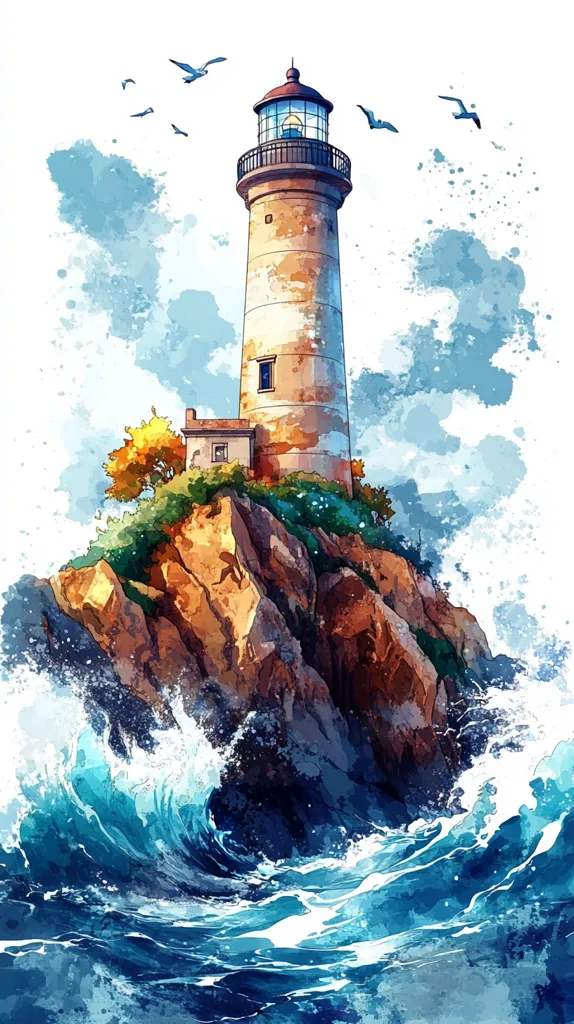A tall, stone lighthouse stands on a rocky cliff overlooking the churning ocean. Waves crash against the shore, creating a dramatic display of white foam and turquoise water. Several seagulls fly overhead, adding to the peaceful yet powerful scene. The image is rendered in a watercolor style, with soft colors and flowing lines.