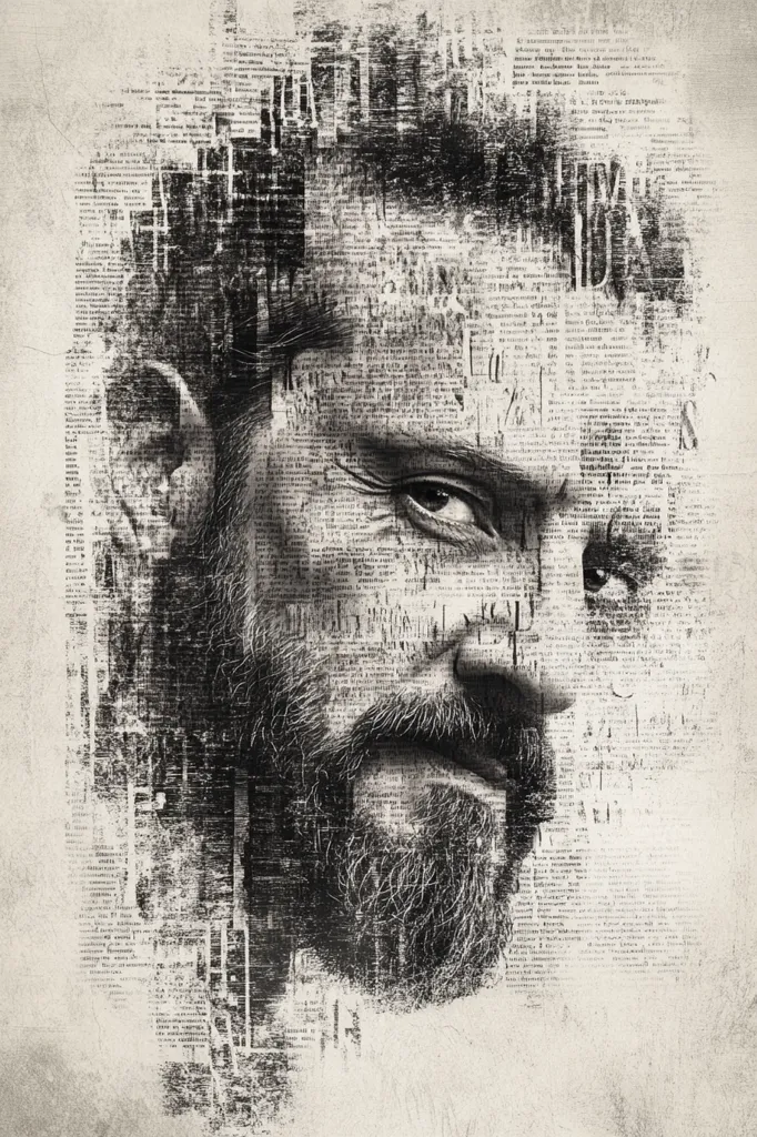 A black and white portrait of a man with a beard, created with a newspaper collage technique. The man's face is partially obscured by the overlapping newspaper text, which creates a sense of depth and mystery. The image evokes feelings of contemplation and hidden stories. The texture of the newspaper adds a gritty and realistic feel to the portrait.