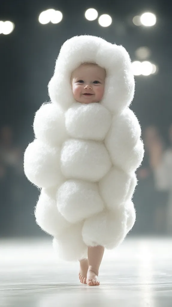 A baby wearing a white, fluffy,  cloud-like costume walks on a white stage. The baby has a big smile, and the white costume makes it look like they are floating. The background is blurry and features out of focus lights. The image captures a sense of wonder and innocence.