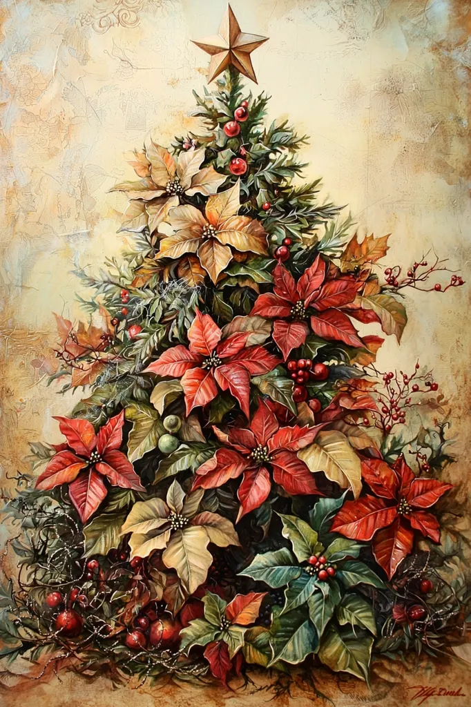 A painting depicts a Christmas tree adorned with a gold star and lush greenery. The tree is surrounded by vibrant red poinsettias, adding a festive touch. The background is a soft, vintage-inspired beige, enhancing the warm and cozy atmosphere of the artwork. The overall impression is one of holiday cheer and elegance.