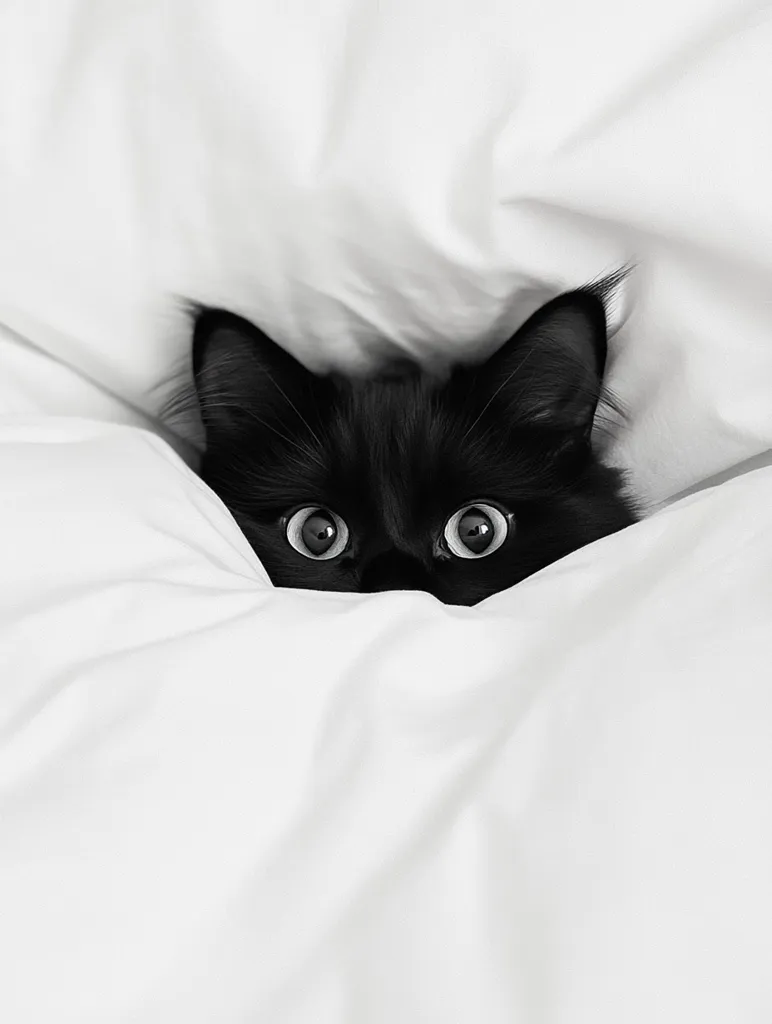 A black cat with large, round eyes peeks out from under a white blanket. Only its head and ears are visible, with the rest of its body hidden. The image is in black and white, creating a stark contrast between the cat's dark fur and the bright white of the bedding. The cat's curious expression and the playful peek-a-boo nature of the photo create a sense of mischief and intrigue.