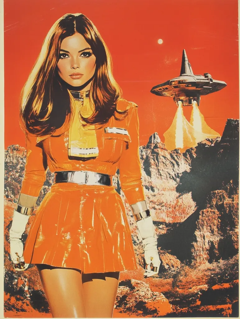 A woman with long brown hair stands in front of a red and orange background. She is wearing an orange jumpsuit with a silver belt and white gloves. A spacecraft with two white smoke trails flies behind her. The scene appears to be set on a rocky planet.