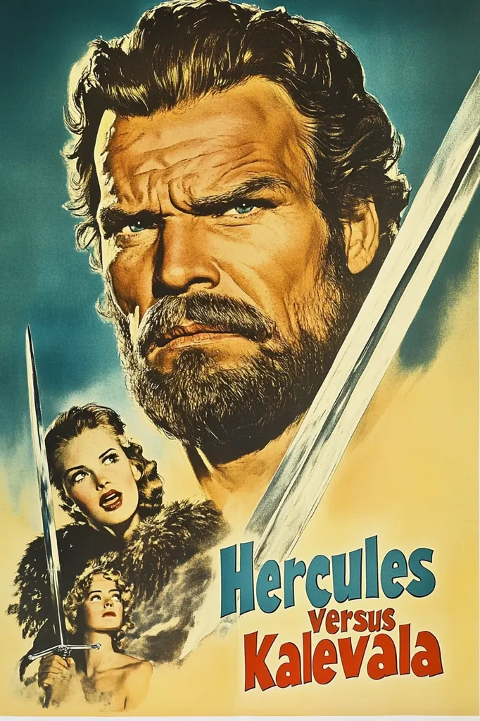 The poster features a stern-faced Hercules, with a thick beard and a sword in the foreground. He is framed by two women, one in a fur-trimmed dress and another holding a sword. The background is yellow with the title "Hercules Versus Kalevala" in bold, colorful lettering. The overall style is reminiscent of classic movie posters with dramatic lighting and a sense of adventure.
