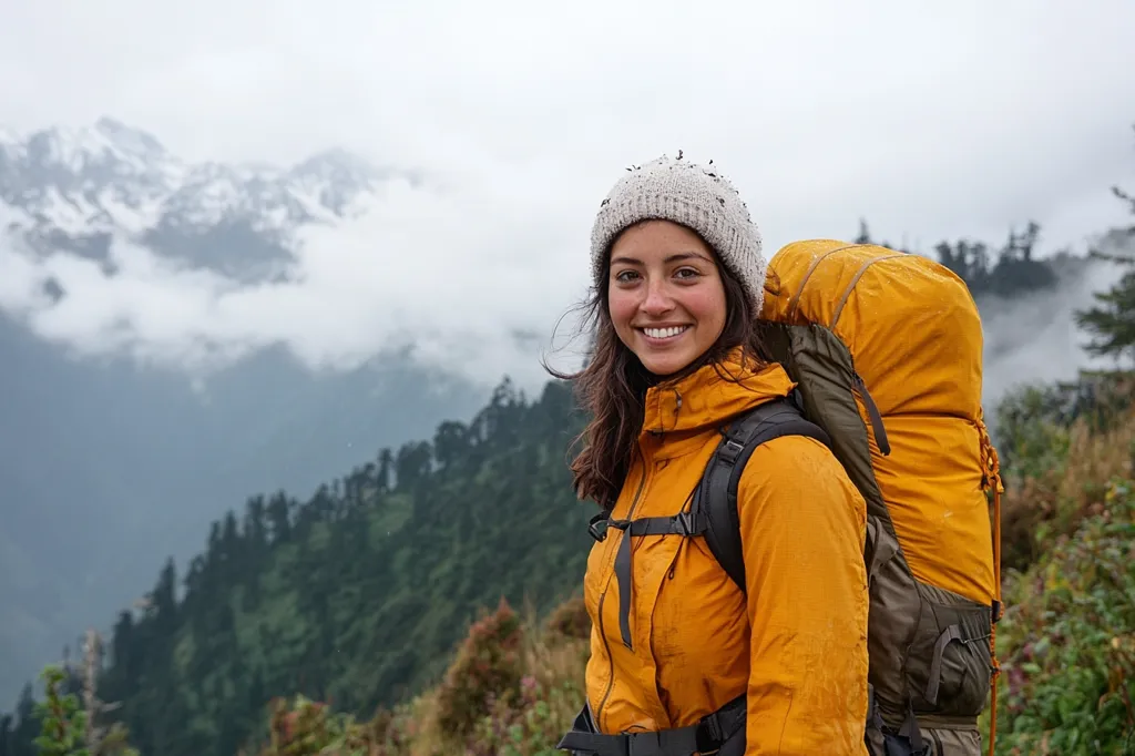 A young woman with long brown hair and a white beanie smiles warmly at the camera. She is wearing a bright orange jacket and a large backpack, suggesting she is on a hiking adventure. The background features a misty mountain landscape with rolling hills and a forest, creating a picturesque scene. The overall impression is of a joyful and adventurous spirit in a serene natural setting.