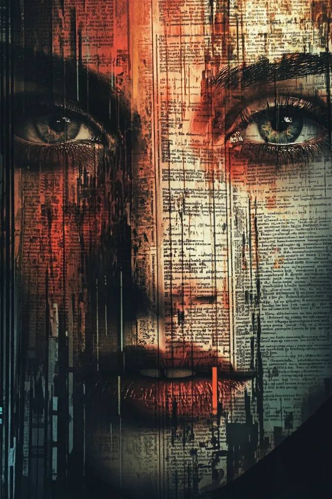 A close-up of a woman's face obscured by a newspaper overlay. The woman's eye is looking out intensely, with her lips painted a bright red. The image is dark and mysterious, with the newspaper text adding to the sense of intrigue. The style is abstract and modern, creating a haunting and thought-provoking effect.