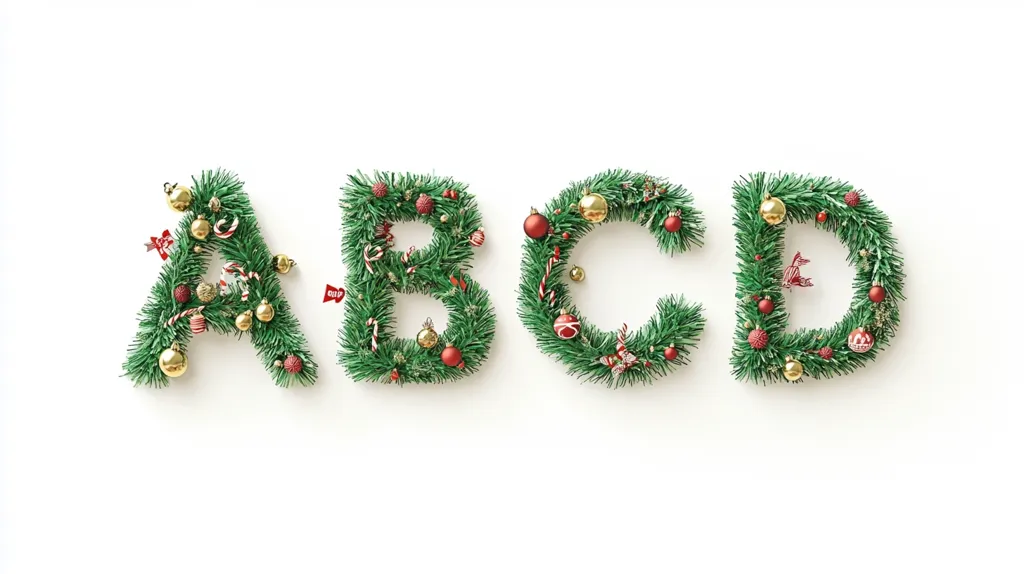 The letters A, B, C, and D are formed out of Christmas garland and adorned with Christmas ornaments, candy canes, and small red bows. The garland is a rich green color, and the ornaments are a mix of gold and red. The letters are set against a clean white background, giving a festive feel.