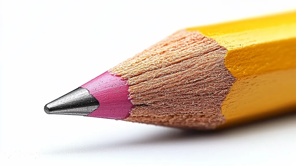 A close-up shot of a yellow pencil with a pink eraser. The pencil is sharpened, revealing the graphite lead. The wood grain is visible, and the texture of the eraser is prominent. The pencil is resting on a white surface, creating a stark contrast. The image captures the simple beauty of a common object.