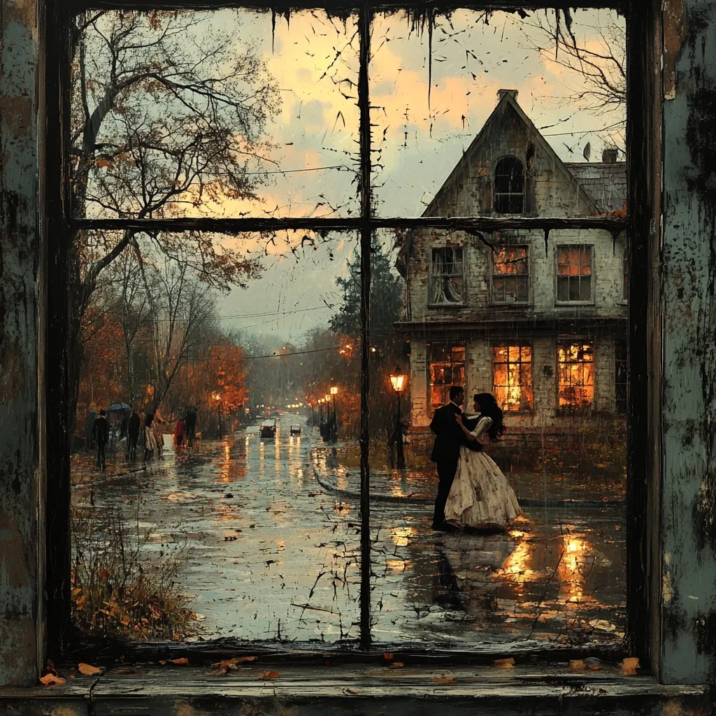 A couple dances in the rain on a street lit by streetlamps. They are framed by a window with cracked glass, looking out at the house and street behind them. The city lights reflect on the wet pavement, creating a warm, romantic atmosphere. Fallen leaves litter the ground, adding to the autumnal feel. The scene is painted in a realistic style with a focus on the couple's love and the beauty of a rainy evening.