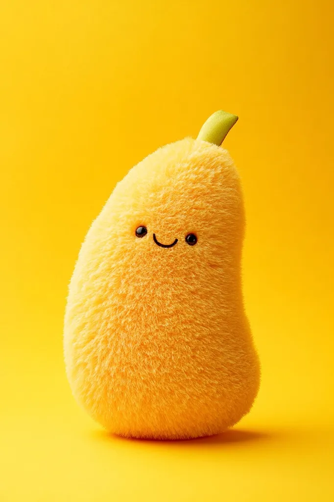 A fuzzy yellow pear with a small green stem sits on a bright yellow background. It has two small black eyes and a curved black mouth, giving it a happy expression.  The pear's texture is soft and plush, creating a playful and cheerful image.  The bright colors and simple design make it a fun and appealing visual.