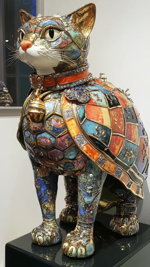 A ceramic cat sculpture with intricate detail and a gold finish stands on a black platform. The cat is adorned with a jeweled collar and a colorful, mosaic-like patterned coat. It has a bell hanging from its neck and its eyes are large and expressive.  The sculpture is a unique and eye-catching work of art.