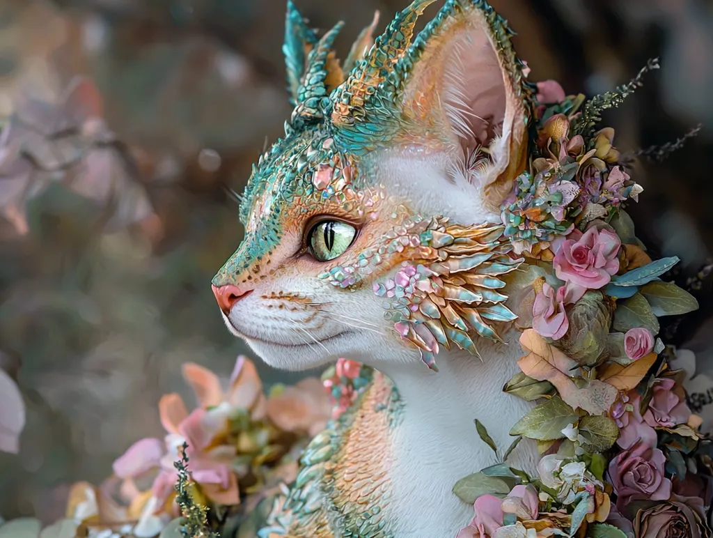 A cat with a beautiful, dragon-like pattern on its fur is adorned with a wreath of pink and white flowers. The cat's green eyes are focused on something in the distance, and its expression is serene and thoughtful. The image is full of soft colors and textures, creating a whimsical and magical atmosphere.
