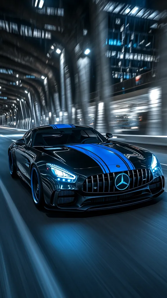 A sleek black sports car with blue racing stripes speeds down a road. The car's headlights are on, illuminating the asphalt. The background is blurred, suggesting high speed. The Mercedes-Benz logo is prominently displayed on the front grille. The image conveys a sense of power and speed.