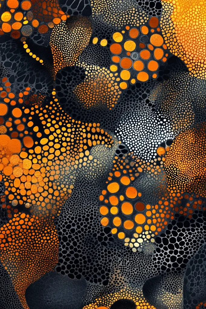 The image is an abstract pattern of small and large circles in shades of black, orange, and white, creating a sense of depth and movement. The circles are arranged in a seemingly random pattern, but they create a cohesive and eye-catching design. The use of contrasting colors and textures creates a dynamic and engaging visual experience.