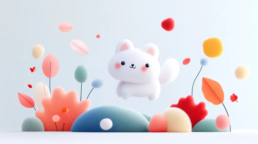 A cute, white, cartoon cat with pink cheeks floats in the air against a light blue background. It is surrounded by colorful, fluffy, 3D shapes that resemble flowers and leaves.  The scene is whimsical and playful, with a touch of abstract art.