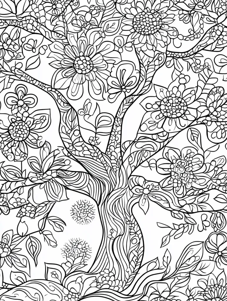 The image shows a detailed black and white drawing of a tree with intricate, swirling branches and leaves. The tree is adorned with numerous flowers, each with a complex, ornate design. The overall effect is one of intricate beauty and delicate detail.