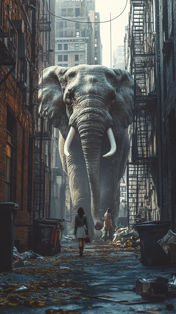 A giant elephant walks down a narrow city alleyway, dwarfing the buildings and the two people walking towards it. The alley is littered with trash and debris, adding to the surreal and unsettling atmosphere of the scene. The elephant's large, wrinkled skin and long, pointed tusks create a sense of power and danger. The people's small stature and their uncertain expressions suggest a feeling of vulnerability and awe. The image evokes a sense of wonder and fear, leaving the viewer to ponder the consequences of this unexpected encounter.