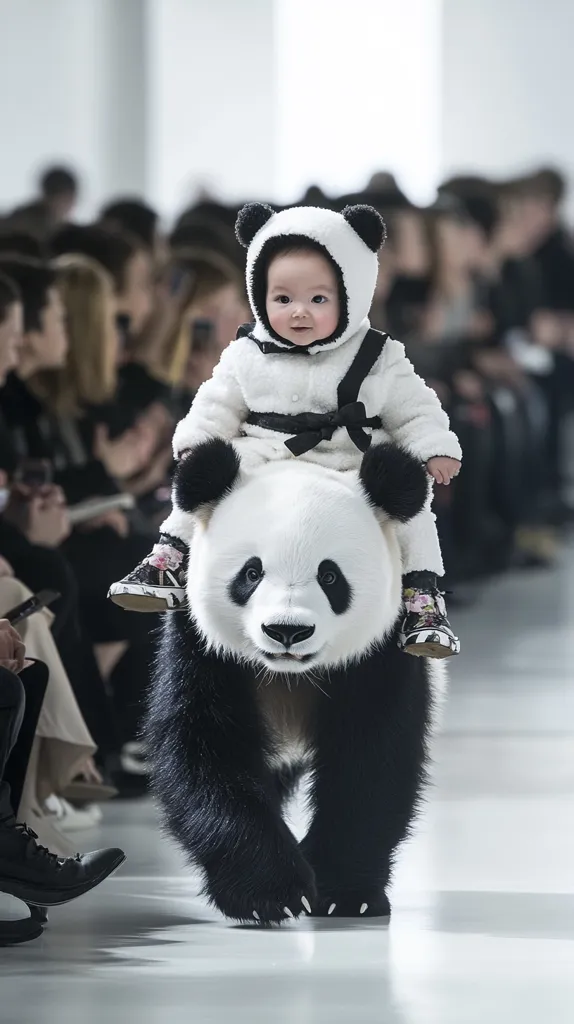 A baby in a white panda costume is riding a large, black and white panda down a runway. The baby is wearing a white fur coat with black accents, black shoes with flowers, and black earmuffs. The panda is looking straight ahead with a serious expression. The background is blurred and there are people watching the show. The floor is white and the image is bright.