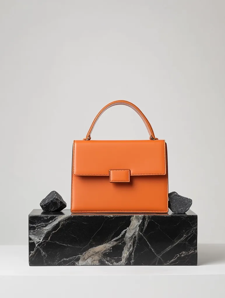 A small, orange leather handbag with a top handle sits on a black marble platform. Two small black rocks are placed on the platform, one on each side of the bag. The background is a plain white. The image is minimalist and focuses on the simple elegance of the bag.
