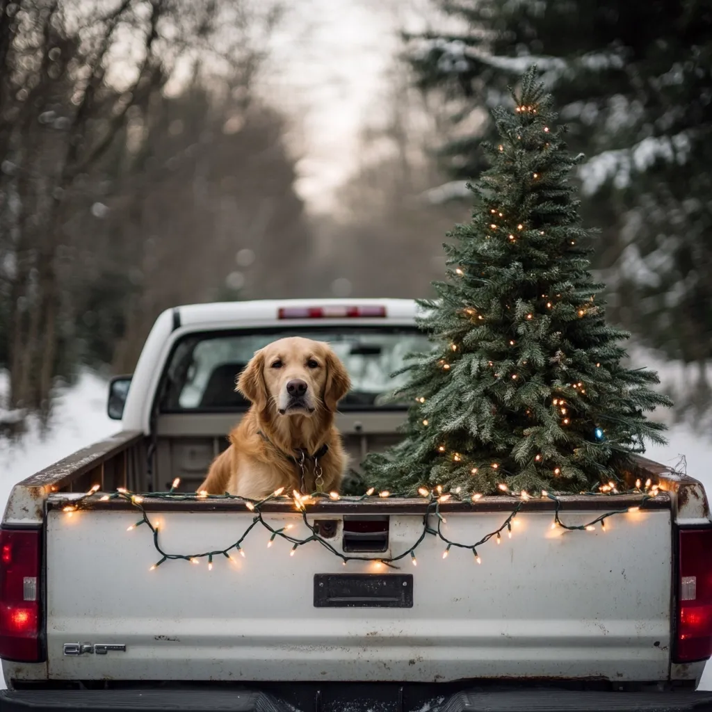 A golden retriever sits in the bed of a white pickup truck, looking directly at the camera. A Christmas tree is in the truck bed next to the dog, and string lights are wrapped around the truck bed.  The truck is parked in a snowy forest setting. The image captures the spirit of the holiday season, with its focus on family, tradition, and joy.