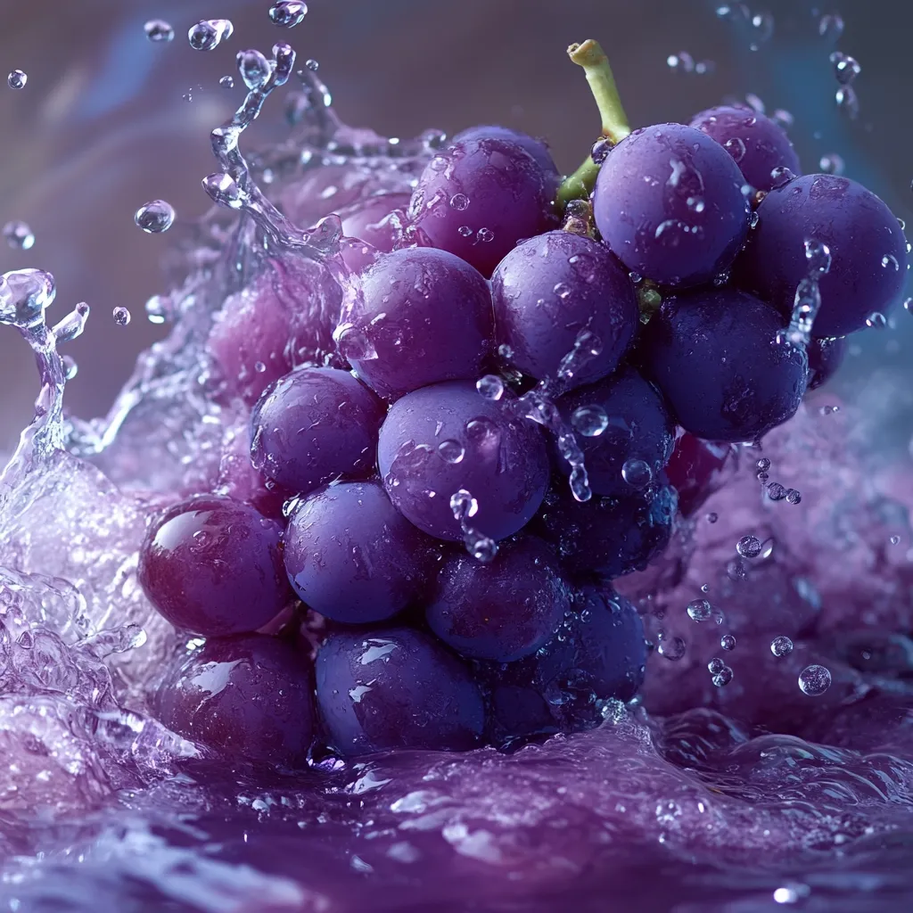 A cluster of plump, purple grapes is submerged in a pool of water, creating a splash of droplets that surround them. The grapes are glistening with moisture, highlighting their rich color and smooth texture. The water appears translucent, allowing the grapes to stand out against the soft, purple background. The image captures the freshness and vibrancy of the fruit.