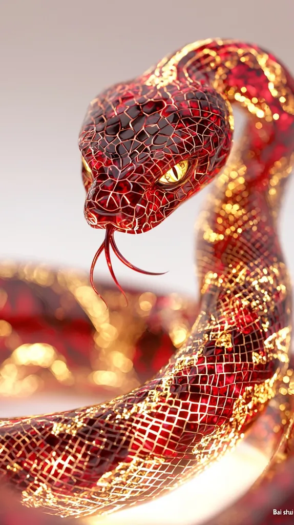 The image shows a close-up of a red and gold snake. Its scales are shiny and intricate, and its yellow eyes gleam with a predatory glint. The snake's body is coiled in a tight spiral, creating a mesmerizing pattern of red and gold. The background is a soft white, making the snake the focal point of the image. The overall impression is one of beauty, danger, and intrigue.