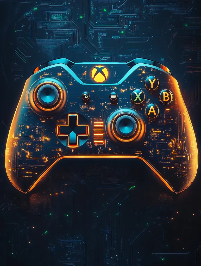 A black and orange video game controller is shown against a dark blue background with a circuit board pattern.  The controller is lit from within with an orange glow, highlighting its features and making it appear futuristic. The controller is positioned in the center of the image, facing the viewer. It appears to be a modern controller, with a sleek design and a variety of buttons and controls. The background is dark and abstract, adding to the sense of mystery and excitement.