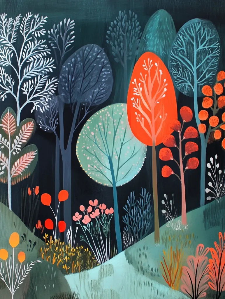 The painting depicts a stylized forest scene. The trees are painted in a whimsical style with rounded shapes and vibrant colors. Blue, green, and red tones dominate the background, creating a dreamlike atmosphere. The foreground is filled with delicate flowers and leaves in shades of pink, orange, and yellow. The artwork evokes a sense of tranquility and wonder.
