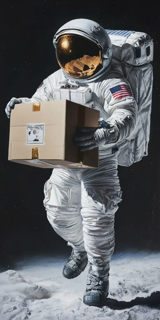 An astronaut in a white spacesuit and gold helmet is walking on a desolate, white surface. The astronaut is carrying a large, brown box with gold tape. He is facing to the left, his right foot is in the air, and his left foot is planted on the surface. The image is set against a black background with a few stars visible.