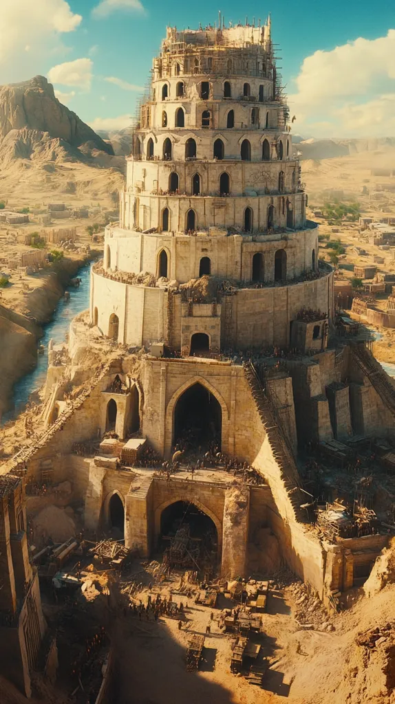 The image shows a massive, unfinished tower in a desert landscape. The tower is made of stone and has multiple levels, each with a series of arches. Scaffolding and construction materials surround the tower, indicating that it is still under construction. In the foreground, there are many people working on the tower, while in the background there are mountains and a river. The image gives a sense of scale and the labor involved in building such a monumental structure.