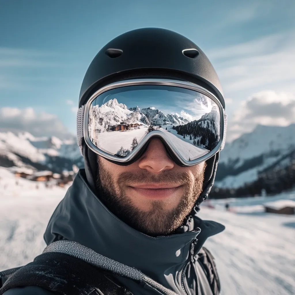 A man wearing a black ski helmet and goggles is standing in a snowy mountain landscape. The reflection in his goggles shows the surrounding mountains and a small building. He is wearing a grey jacket and has a beard. The background is blurred, and the sky is blue with white clouds. The overall atmosphere is serene and wintery.