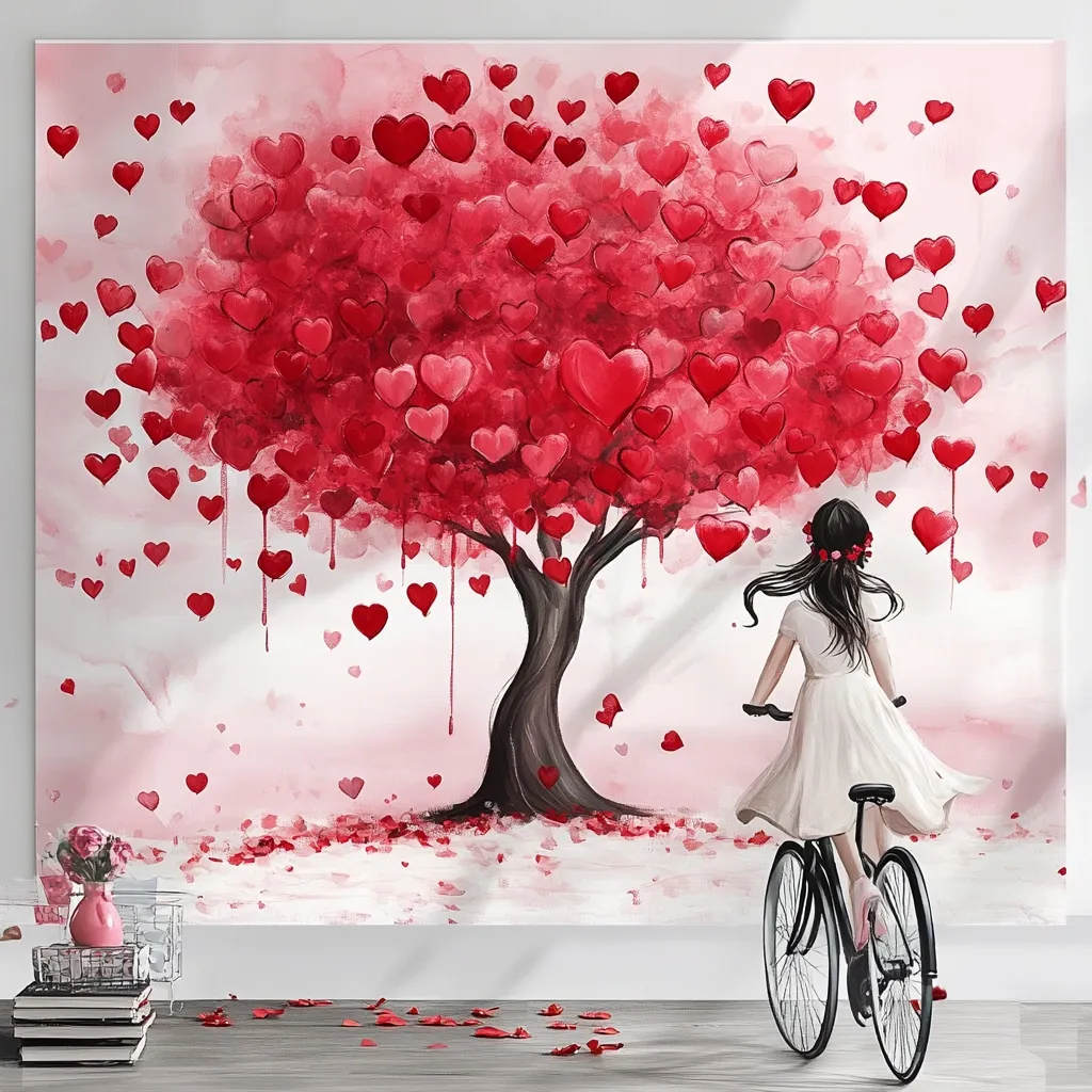 A watercolor painting of a tree with red heart-shaped leaves and a girl riding a bicycle away from the tree. The tree has a thick trunk and branches that are covered in red hearts. The girl is wearing a white dress and has long dark hair. She is riding a bicycle with large wheels. There are also red hearts scattered on the ground around the tree. The painting is set against a light pink background. The painting is romantic and whimsical.