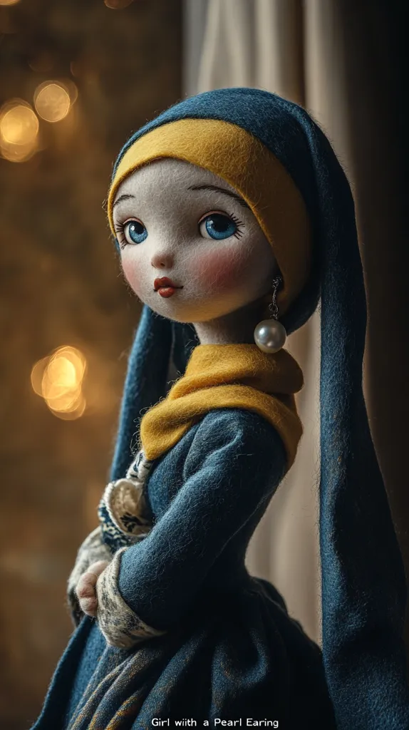 A doll, dressed in a blue and yellow outfit, with a pearl earring and a soft, innocent expression, stands against a blurred background of warm light. The doll’s large, blue eyes and delicate features create a sense of charm and elegance. The image evokes a feeling of nostalgia and childhood wonder.