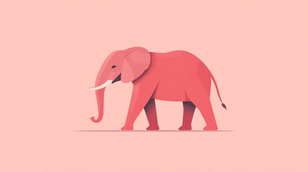 A pink elephant with large, floppy ears and a long trunk walks across a pale pink background. The elephant's body is a simple, geometric shape, while its legs and trunk are more detailed. The image has a whimsical and playful feel.