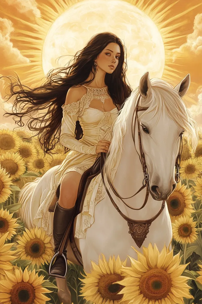 A beautiful woman with long dark hair rides a white horse through a field of sunflowers. The sun shines brightly behind her, creating a halo effect. The woman is dressed in a flowing white gown with lace detailing and holds the reins of her horse with one hand. She appears to be riding towards the sunset.  The scene is serene and romantic, with the sunflowers adding a vibrant touch of color to the landscape.
