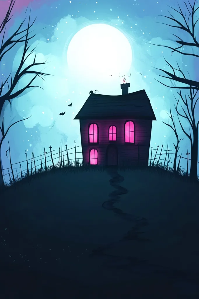 A dark, shadowy house with glowing pink windows sits atop a hill bathed in moonlight. Bare trees frame the scene, their branches reaching towards the sky. A winding path leads up to the house, inviting the viewer to explore.  A few bats flit across the sky, adding to the eerie atmosphere.  The overall tone is mysterious and slightly unsettling, reminiscent of a Halloween scene.