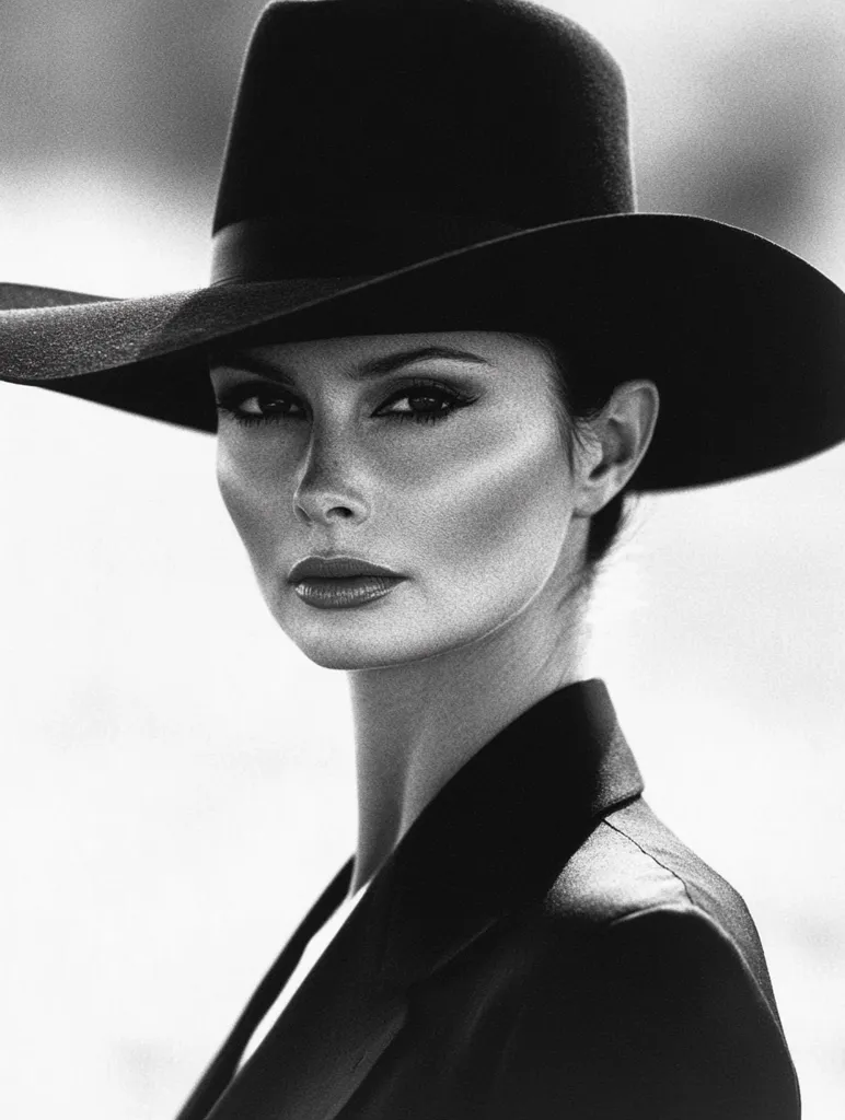 A woman with dark hair wears a wide-brimmed black hat and a black blazer. The image is in black and white and the woman looks directly at the camera with a serious expression. The background is blurred. The image has a classic, timeless feel.  The photograph has a striking contrast between the light and dark tones, which adds to the sense of drama. The woman's gaze draws the viewer in, and the hat casts a shadow across her face, adding an air of mystery. The composition is simple but effective, with the woman's face and hat taking center stage.  The image is both stylish and evocative.