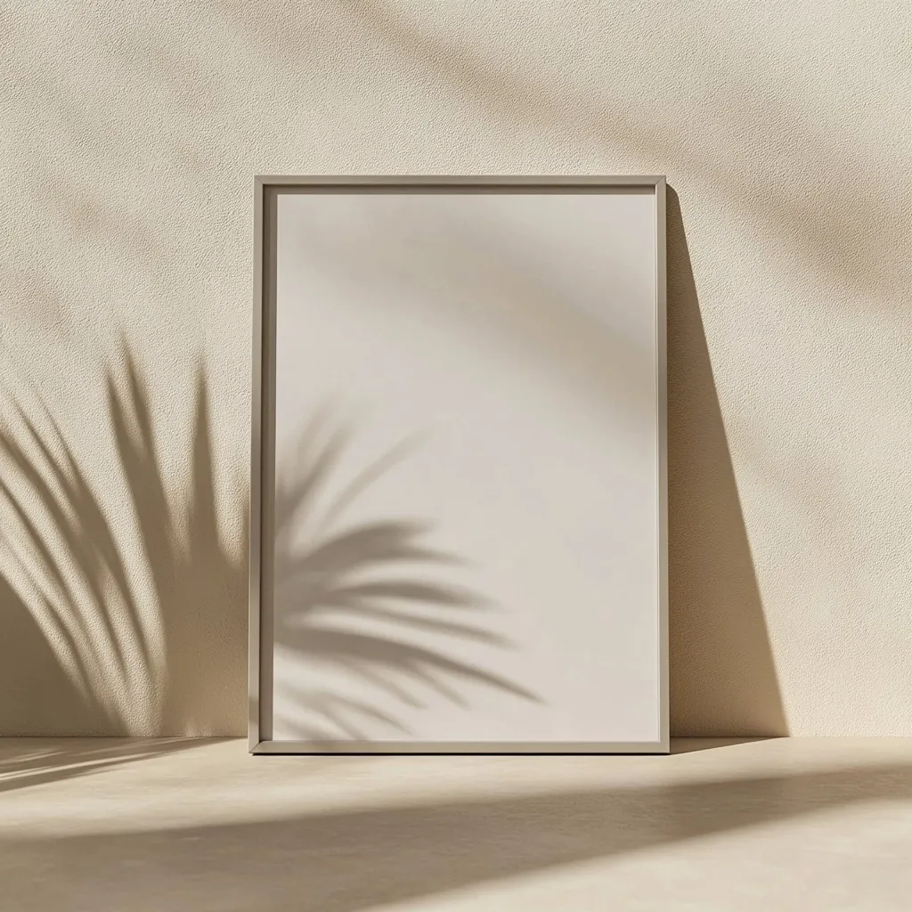 A large, empty picture frame stands against a beige wall. The frame has a thin, silver border and is positioned on a pale wooden floor. Soft light casts a shadow of palm leaves on the wall and the frame. The scene is simple and minimalist, evoking a sense of calm and tranquility.