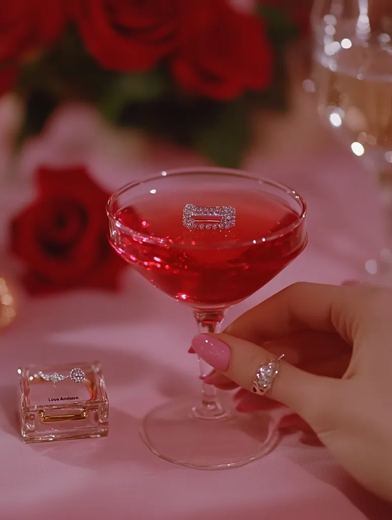 A hand holds a martini glass filled with a red liquid. A diamond ring sits on the rim of the glass, and another diamond ring is in a small box on the table. There are blurred red roses in the background and the table is pink. The overall image is a romantic and glamorous scene.