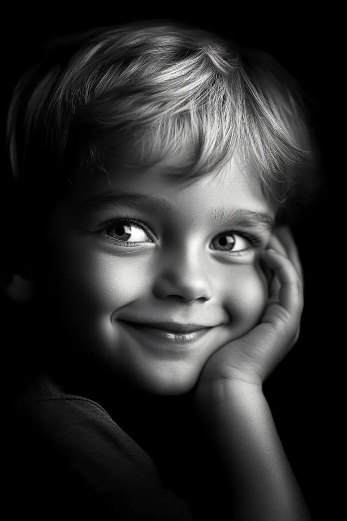A young boy with blonde hair is smiling softly while resting his chin on his hand. His eyes are bright and curious, hinting at a playful and innocent nature. The black and white photo creates a timeless and intimate feel, emphasizing the boy's youthful beauty and the warmth of his smile.  The photo is taken from a slightly low angle, creating a sense of intimacy and connection.  The lighting is soft and diffused, casting gentle shadows on the boy's face.