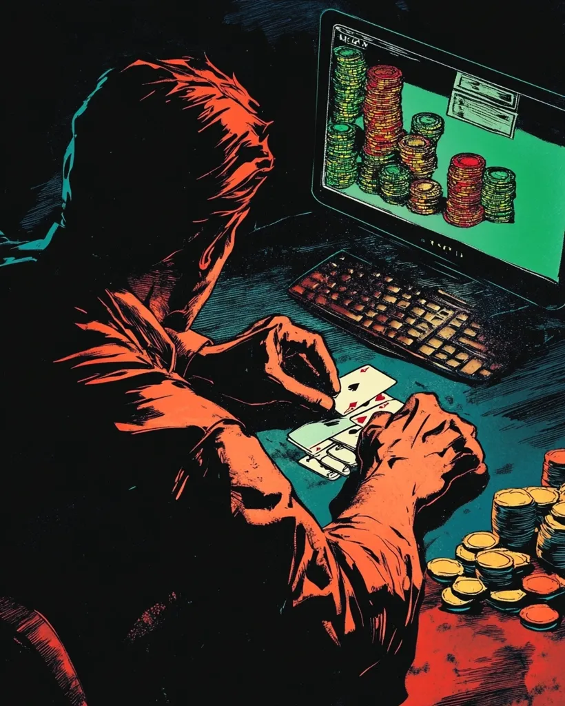 A man sits at a computer screen, looking intently at a game of poker being displayed on the screen.  He is holding a stack of cards in his hand and appears to be deeply engrossed in the game. Stacks of chips are visible on the table, hinting at the high stakes involved. The image evokes the thrill and intensity of online gambling.